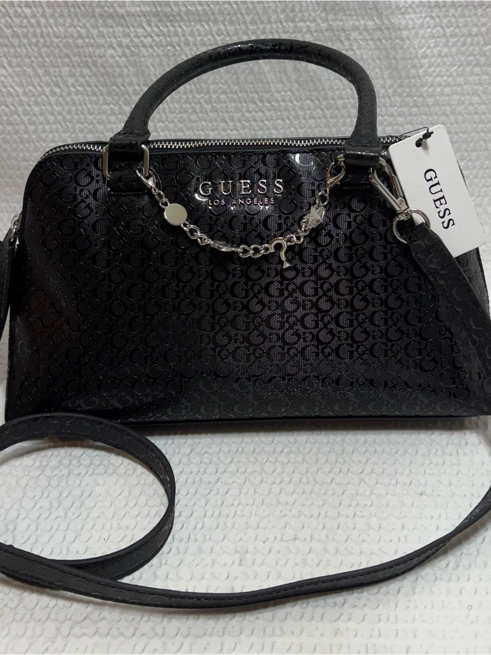 GUESS Black Signature Satchel with Chain Accent